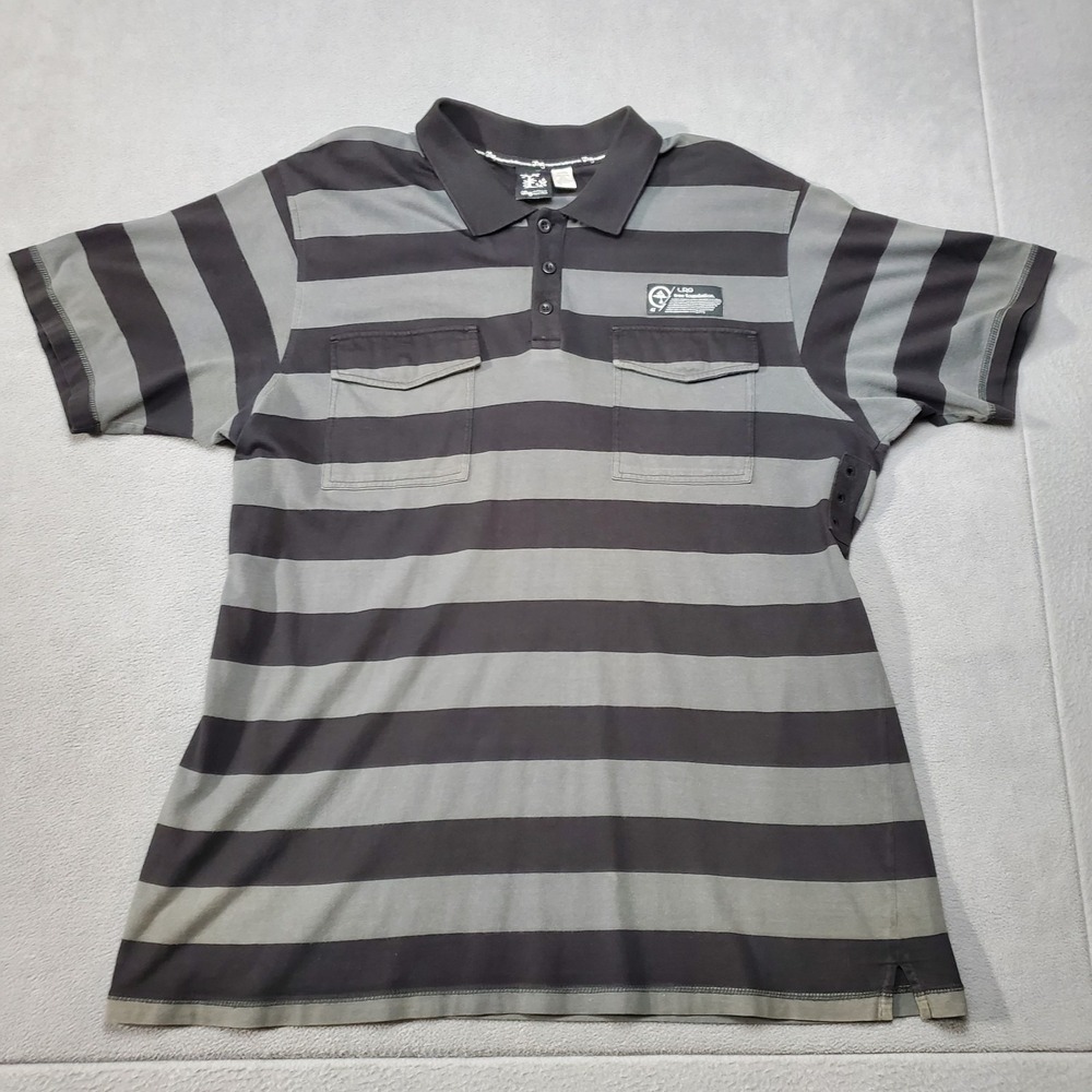 LRG Shirt Mens 2XL Black Gray Striped Polo The Tree Full Embroidered Back
